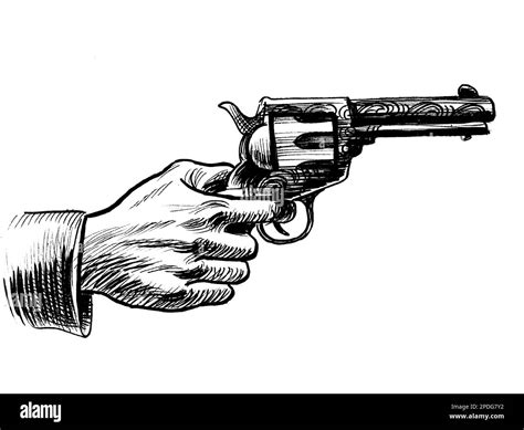 Hand With A Revolver Gun Ink Black And White Drawing Stock Photo Alamy