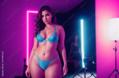 Beautiful Plus Size Brunette Woman In Green And Blue Lingerie In Photo Studio Generative AI
