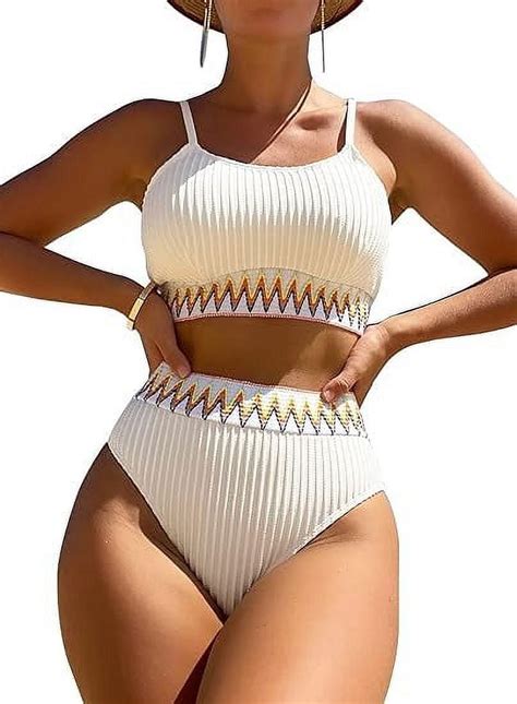 SkyAuks Spandex Swimsuit Set For Women Ribbed Contrast High Waisted Tummy Control Bikini