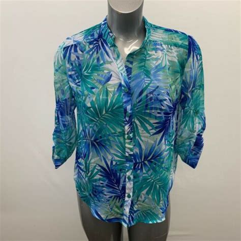 Bon Worth Blouse Womens Xs Petite Blue Sheer Floral Polyester Ebay