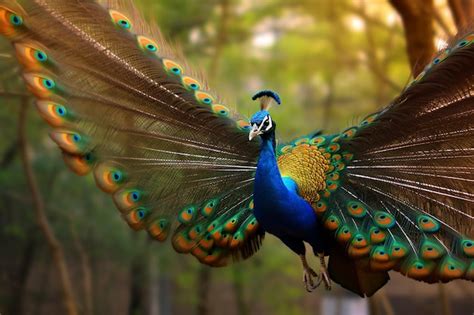 Un Pavo Real Con Las Alas Extendidas En El Bosque Foto Premium