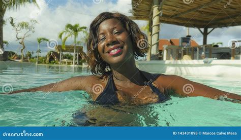 Happy And Beautiful Black Afro American Woman In Bikini Having Fun At