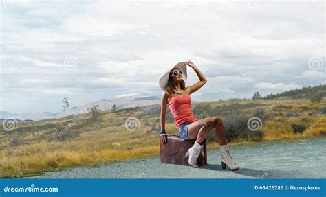 Pretty Brunette Retro Hitchhiker Stock Photo Image Of Stop Hitchhike