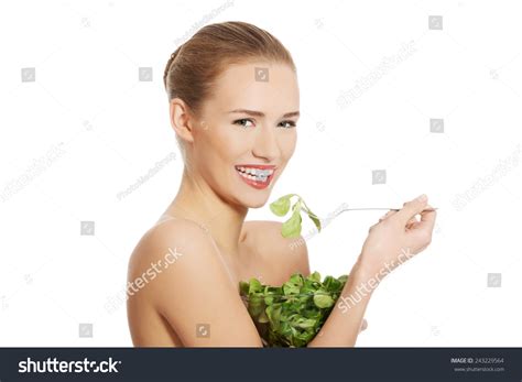 Side View Nude Woman Eating Lettuce Stock Photo Edit Now