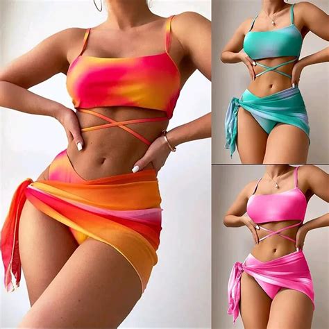 Three Piece Swimsuit Women Printed Multicolor Split Sexy Triangle Bikini Png