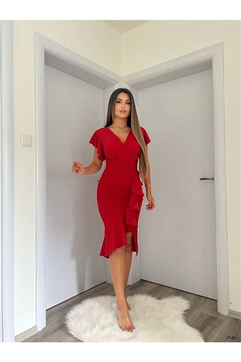 Secret Passion Lingerie Kırmızı Renk Volanlı Kruvaze Yaka Simli Abiye Elbise 121 Fiyatı