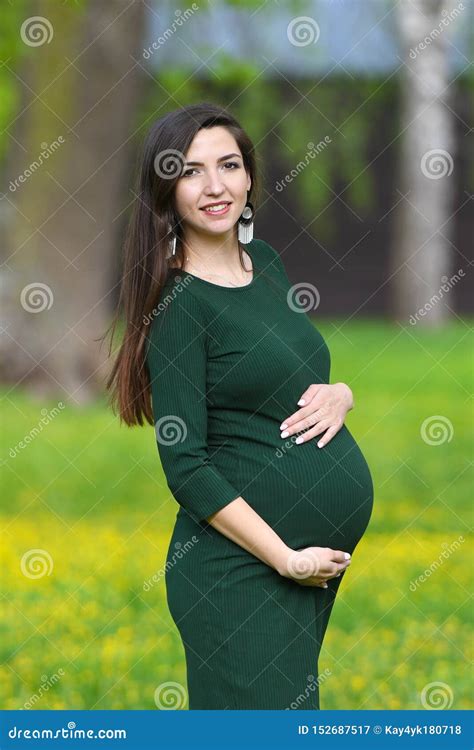 Portret Van Een Mooi Zwanger Brunette Jonge Mooie Zwangere Vrouw Met Lang Donker Haar Stock