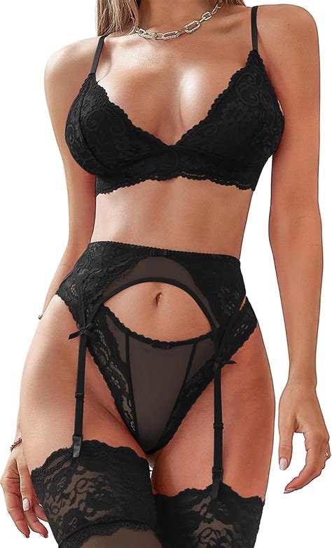 Amazon Women S Sexy Lingerie Set With Garter Belt Stockings Matching Bra And Panty Lace