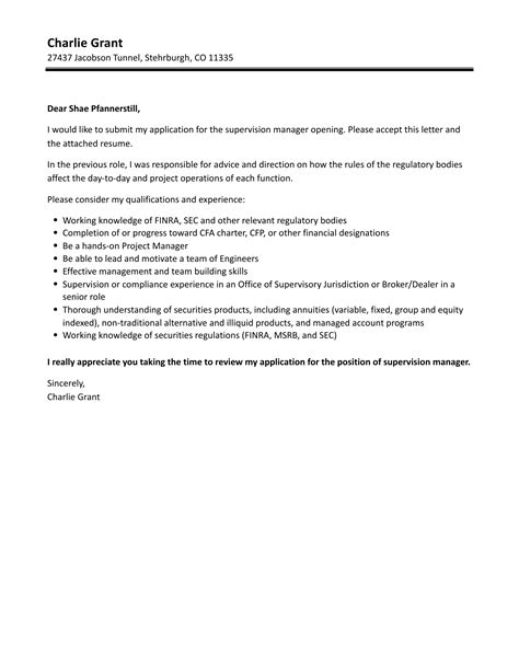 Supervision Manager Cover Letter Velvet Jobs