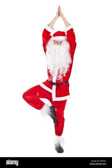 Happy Christmas Santa Claus Doing Yoga Exercise Tree Pose Isolated On