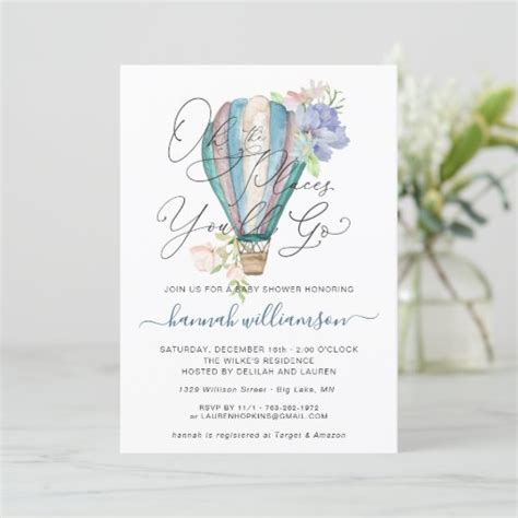 Blue Floral Hot Air Balloon Baby Shower Invitation Zazzle
