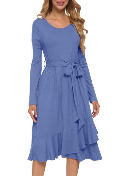 Levaca Womens Plain Long Sleeve Flowy Modest Midi Dress Work Casual