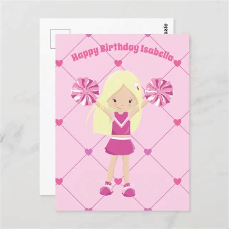 Cute Blonde Cheerleader Custom Pink Girls Birthday Postcard Zazzle