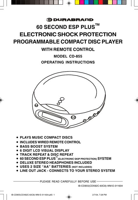 Durabrand Cd 855 Users Manual IB CD855 CDX82C 60C8 WM E 011604 P65