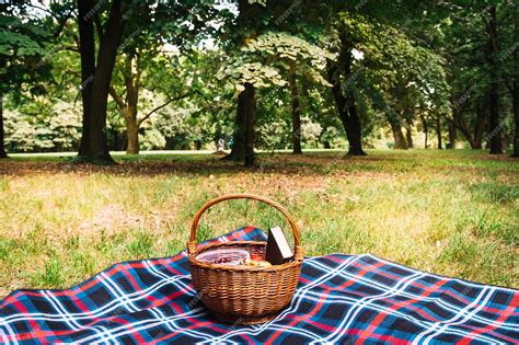 Premium Photo Wicker Picnic Basket On Blanket In The Park