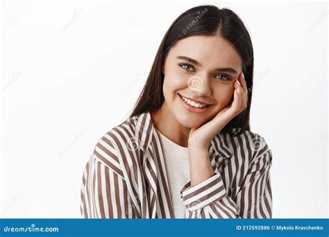 Close Up Portrait Of Beautiful Brunette Woman With White Smile Lean On Hand And Look Happy At