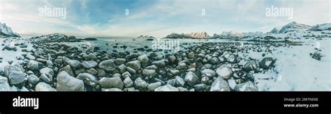 Snowy Winter Landscape On The Rocky Coast In Norway Panoramic Image Of