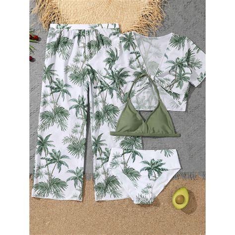 Girls 4pack Coconut Palm Print Bikini Sets With Beach Pants And Short