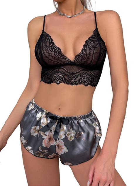 LilyLLL Womens Babydoll Pajamas Suit Bralette Lace Silky Short Lingerie Sleepwear Walmart