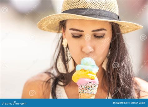 Beautiful Happy Woman Licks Ice Cream During A Hot Summer Day Stock Photo Image Of Joyful
