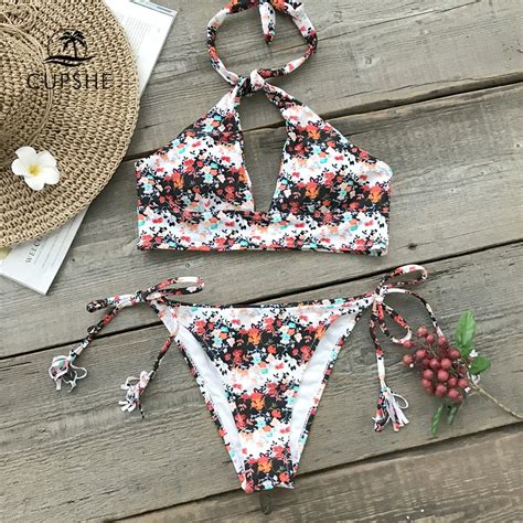 Aliexpress Buy Cupshe Flora Print Halter Bikini Set Women Cutout