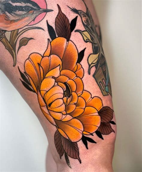 Neo Traditional Yellow Peony Tattoo Traditional Tattoo Flowers Body
