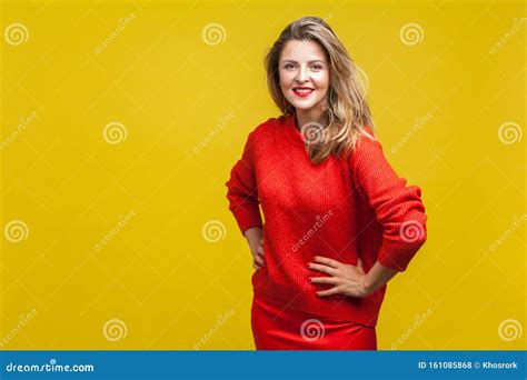 Portrait Of Stunning Happy Blonde Woman With Red Lipstick In Bright