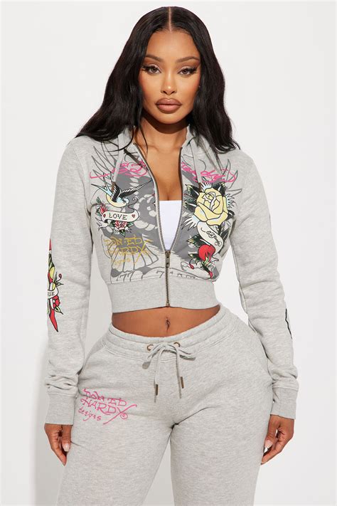 Ed Hardy Rose And Sword Sweatpant Heather Grey Fashion Nova