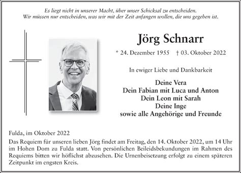 Traueranzeigen von Jörg Schnarr trauer36 de