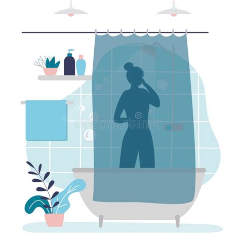 Silhouette Naked Woman Behind Shower Curtain Female Character Washing With Soap Or Gel In Bath