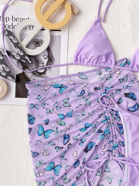 Shein Swim Y Glam Pack Butterfly Print Triangle Bikini Swimsuit Beach Skirt Shein Usa
