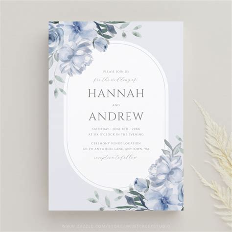 Elegant Modern Dusty Blue Floral Wedding Invitation Print Creek