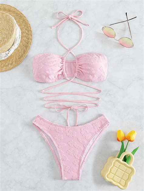 Floral Flocked Bikini Set Criss Cross Halter Bra High Cut Bottom Piece Bathing Suit Shein Usa