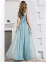 Dusty Blue V Neck Embroidery Tulle Bridesmaid Dress With Ruffle Sleeves