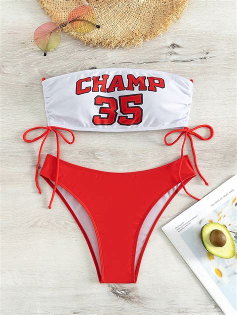 Bañador bikini bandeau con estampado de letra con cordón lateral Moda