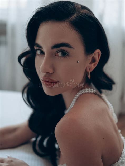 Portrait Of Brunette Woman In Pearl Necklace Stock Image Image Of Person Long 364584431