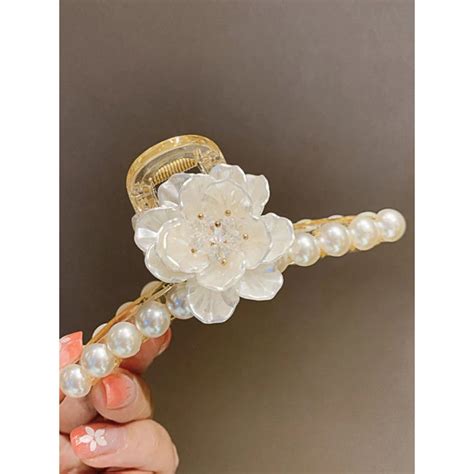 Buy Oomph Gold Tone White Pearls Floral Large Big Hair Claw Online