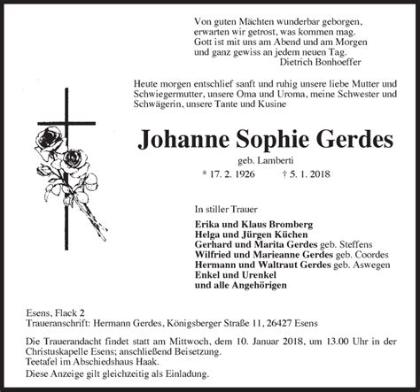 Traueranzeigen Von Johanne Sophie Gerdes Nordwest Trauer De