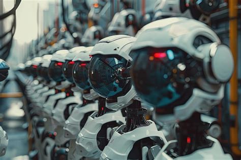 Premium Photo A Row Of Robot Heads Sitting Next To Each Other