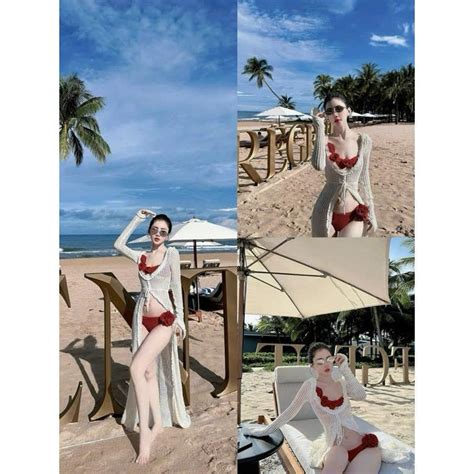 P041 Set bikini hai mảnh hoa đỏ phối áo choàng trắng sang chảnh Shopee Việt Nam