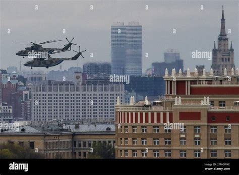 Russian Air Force Mil Mi 26 Heavy Helicopters Fly In Formation During