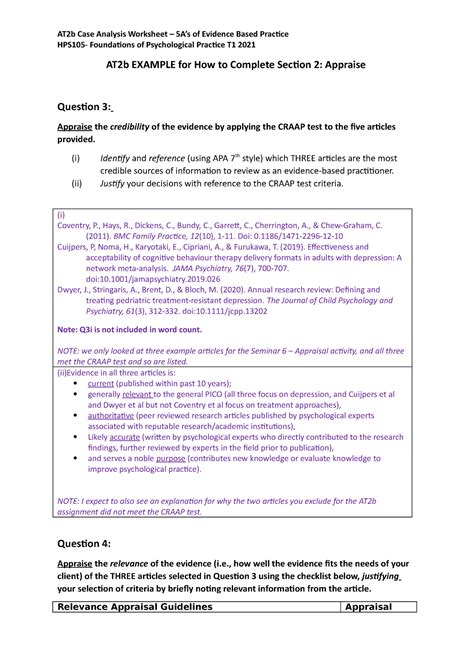 At2b Appraisal Example Hps105 Foundations Of Psychological Practice T1 2021 At2b Example For