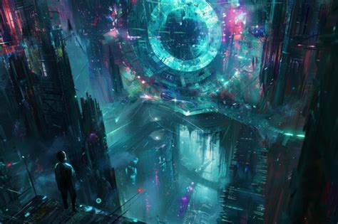 Futuristic Cyberpunk Cityscape With Neon Lights A Giant Holographic Orb