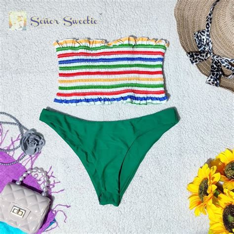 Seňor Sweetie Mall Pull Out Multicolor Smocked Top Green Bikini Two Piece Swimsuit Set