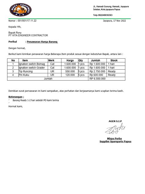 contoh format surat penawaran harga barang  jasa