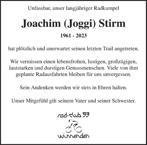 Traueranzeigen Von Joachim Stirm Zvw Trauer