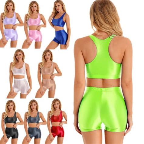 Womens Bikini Swimsuit Sleeveless Glossy Crop Tank Tops Shorts Set Swimwear Ebay