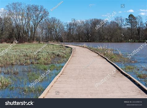 Wooden Walkway Through River Marsh Along Stock Photo 2221498731