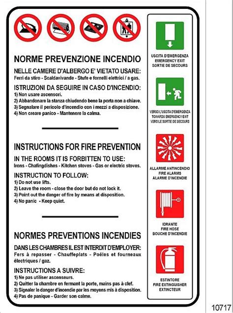 Condotta Da Tenere In Caso Di Incendio Alberghi 3 Lingue Con Simboli