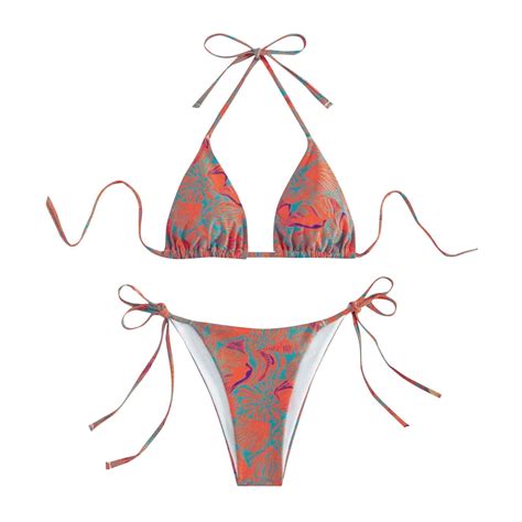 Generic Women S 2 Piece Swimsuits Floral Print Halter String Triangle Bikini Set Drawstring Tie